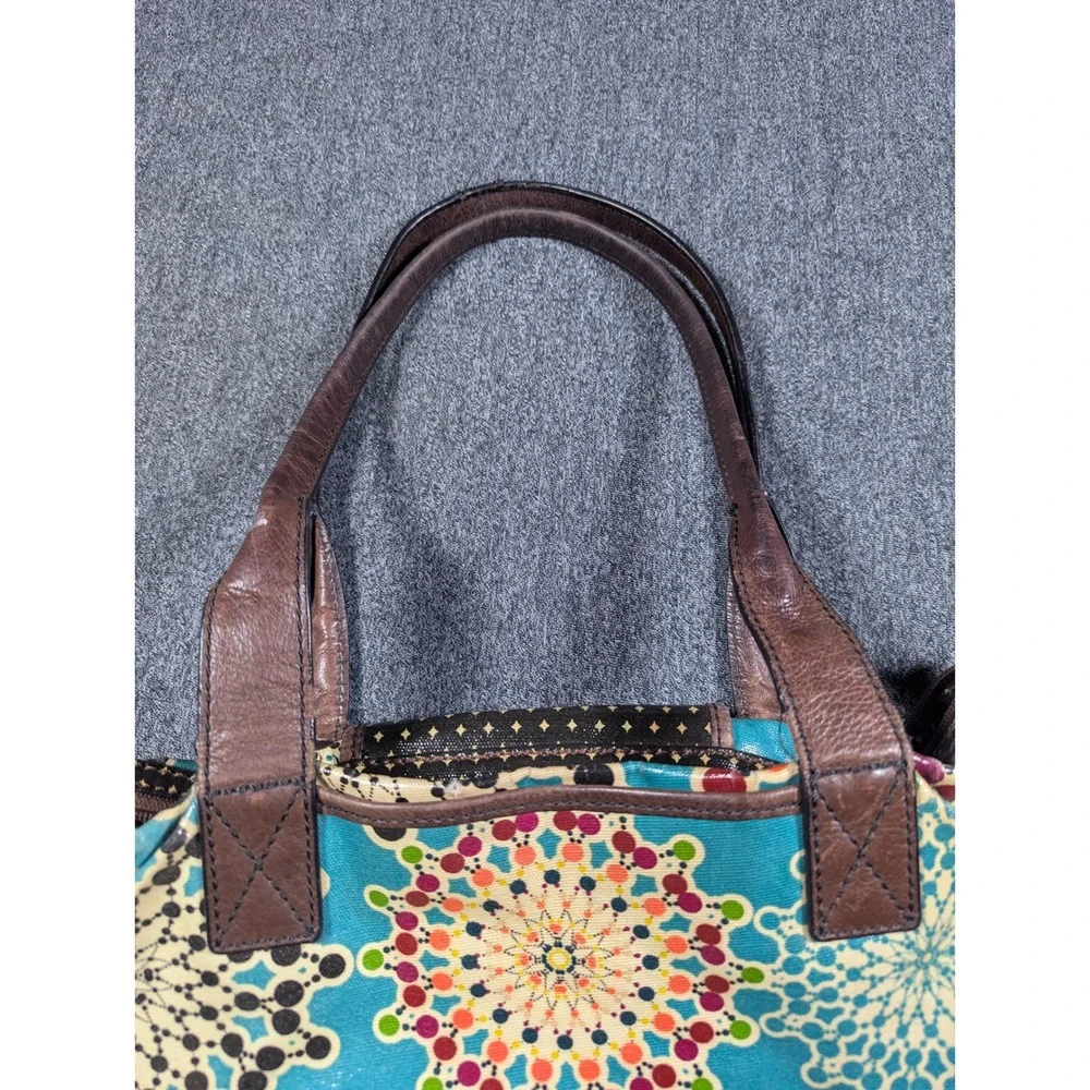 Fossil Key-Per Coated Canvas Tote Bag Teal Kaleidoscope Geometric Dots